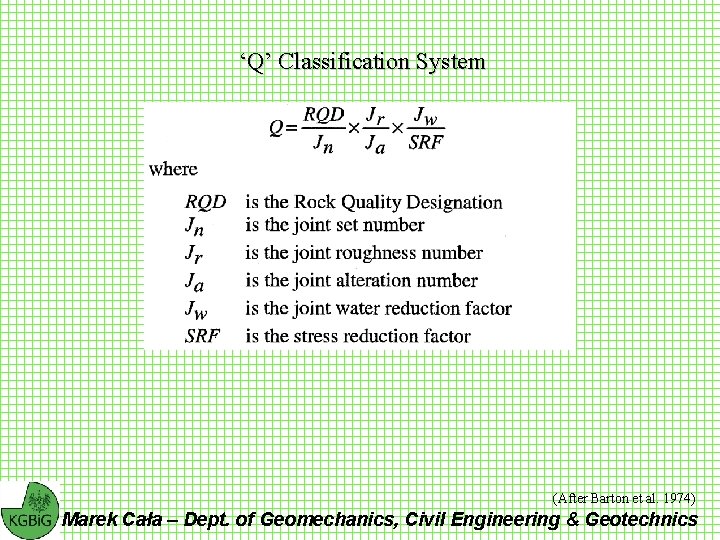‘Q’ Classification System (After Barton et al. 1974) Marek Cała – Dept. of Geomechanics,
