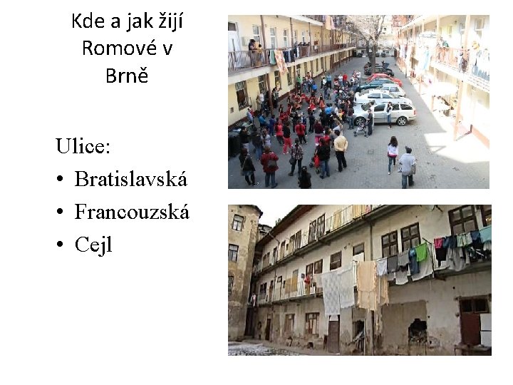 Kde a jak žijí Romové v Brně Ulice: • Bratislavská • Francouzská • Cejl