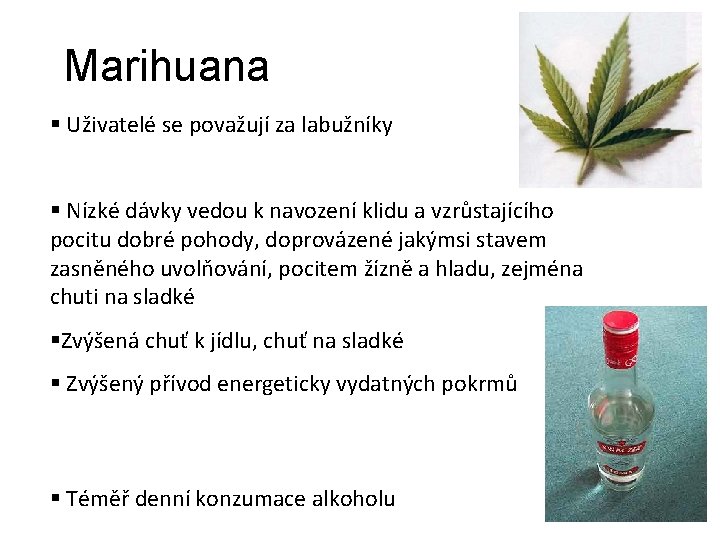  Marihuana § Uživatelé se považují za labužníky § Nízké dávky vedou k navození