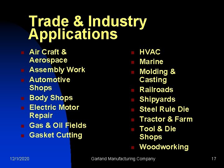 Trade & Industry Applications n n n n Air Craft & Aerospace Assembly Work