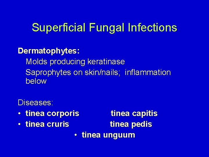 Superficial Fungal Infections Dermatophytes: Molds producing keratinase Saprophytes on skin/nails; inflammation below Diseases: •