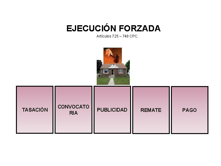 EJECUCIÓN FORZADA Artículos 725 – 748 CPC. TASACIÓN CONVOCATO RIA PUBLICIDAD REMATE PAGO EJECUCIÓN FORZADA Artículos 725 – 748 CPC. TASACIÓN CONVOCATO RIA PUBLICIDAD REMATE PAGO