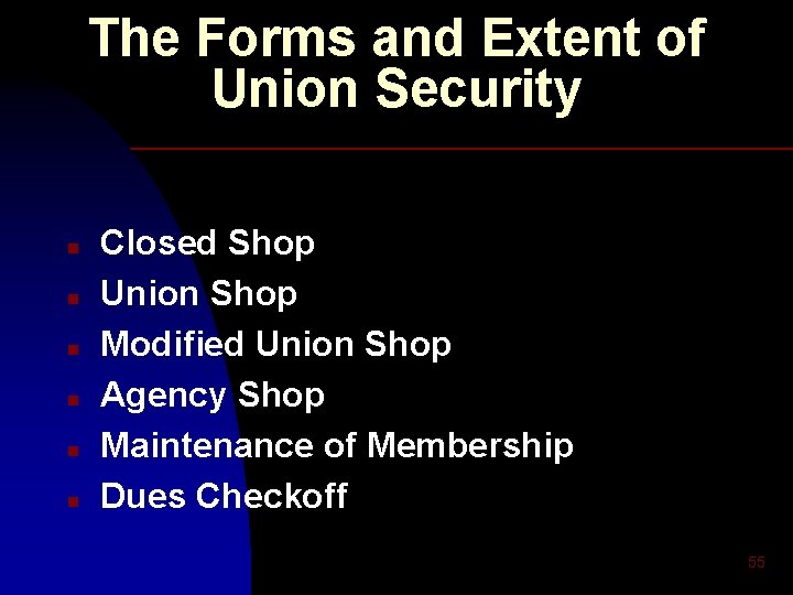 The Forms and Extent of Union Security n n n Closed Shop Union Shop