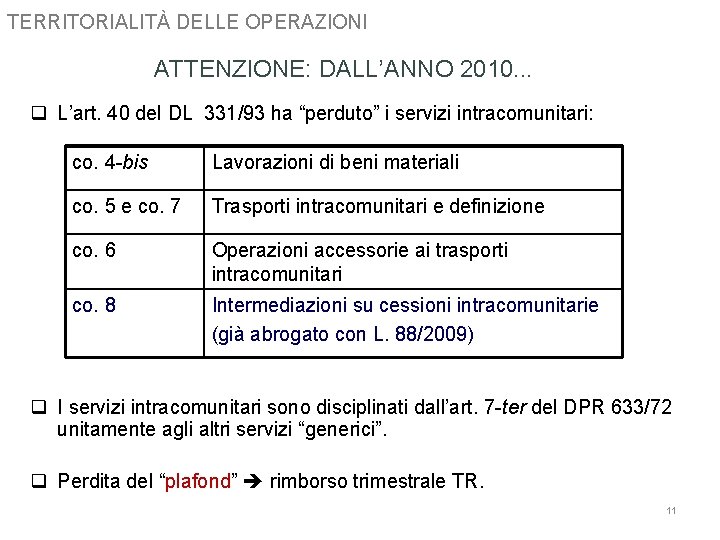 TERRITORIALITÀ DELLE OPERAZIONI ATTENZIONE: DALL’ANNO 2010. . . q L’art. 40 del DL 331/93