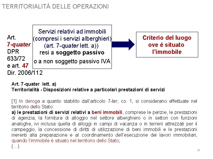 TERRITORIALITÀ DELLE OPERAZIONI Servizi relativi ad immobili Art. (compresi i servizi alberghieri) 7 -quater