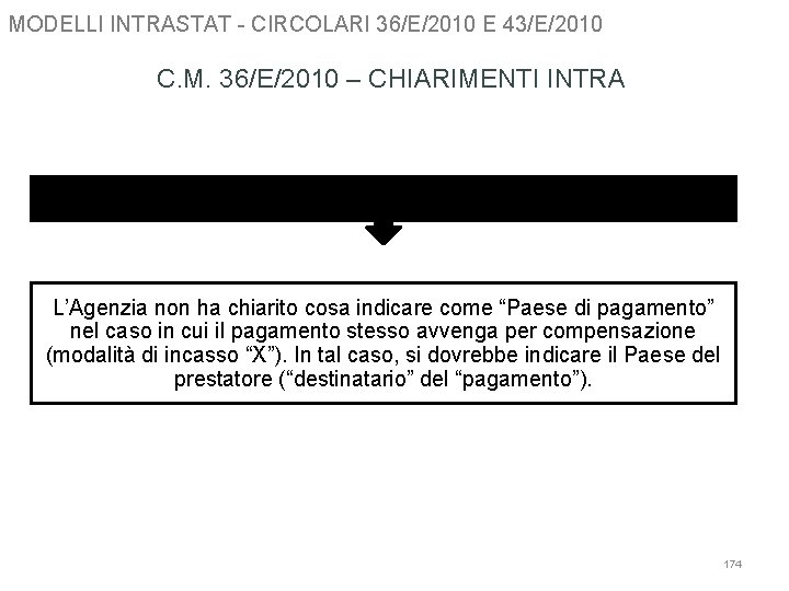 MODELLI INTRASTAT - CIRCOLARI 36/E/2010 E 43/E/2010 C. M. 36/E/2010 – CHIARIMENTI INTRA PAESE