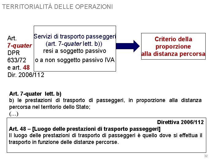 TERRITORIALITÀ DELLE OPERAZIONI Servizi di trasporto passeggeri Art. (art. 7 -quater lett. b)) 7