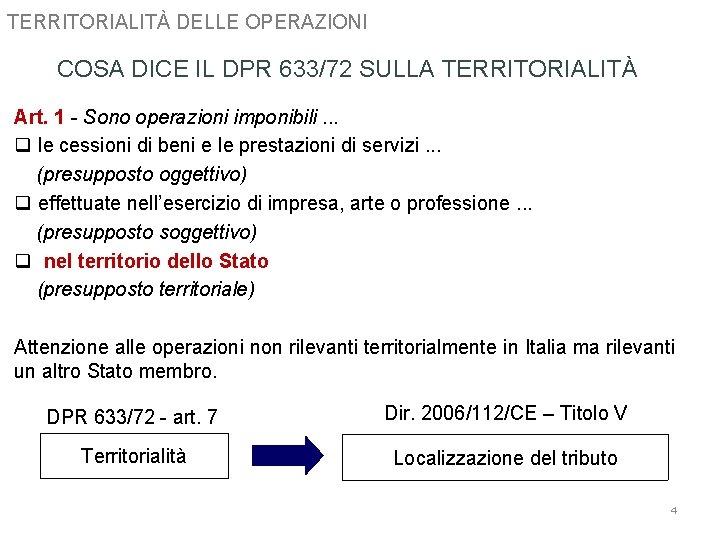 TERRITORIALITÀ DELLE OPERAZIONI COSA DICE IL DPR 633/72 SULLA TERRITORIALITÀ Art. 1 - Sono