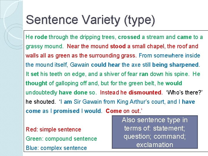 Sentence Variety (type) He rode through the dripping trees, crossed a stream and came