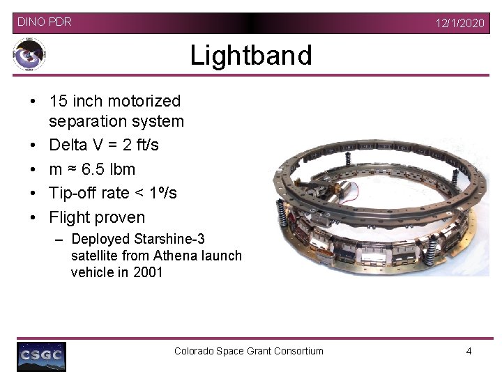 DINO PDR 12/1/2020 Lightband • 15 inch motorized separation system • Delta V =