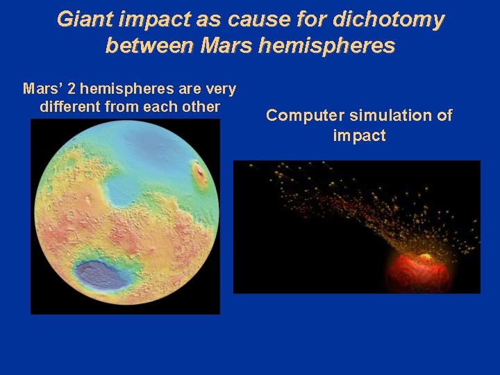 Giant impact as cause for dichotomy between Mars hemispheres Mars’ 2 hemispheres are very