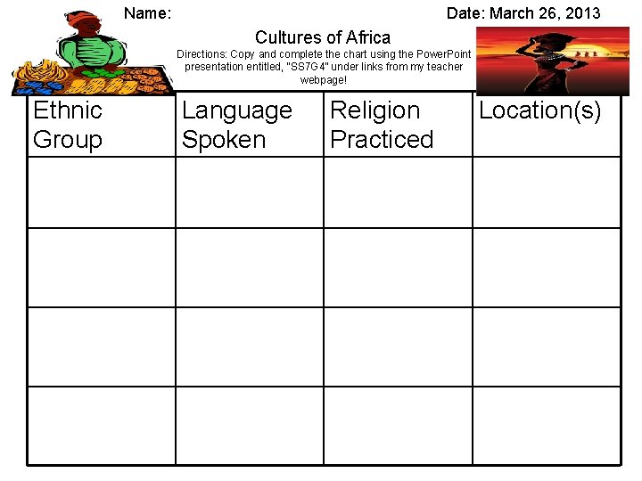 Name: Date: March 26, 2013 Cultures of Africa Directions: Copy and complete the chart