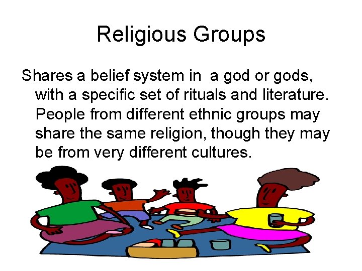 Religious Groups Shares a belief system in a god or gods, with a specific