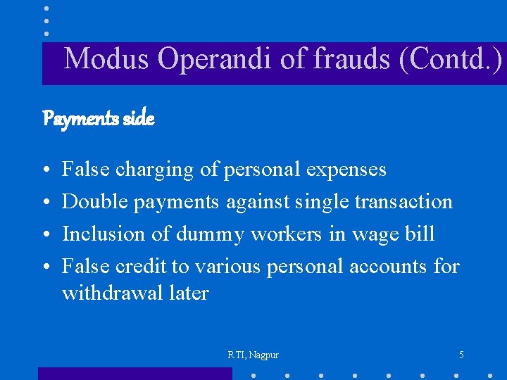 Modus Operandi of frauds (Contd. ) Payments side • • False charging of personal