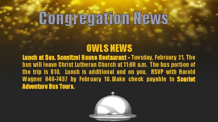 Congregation News OWLS NEWS Lunch at Das. Scnnitzel House Restaurant - Tuesday, February 21.