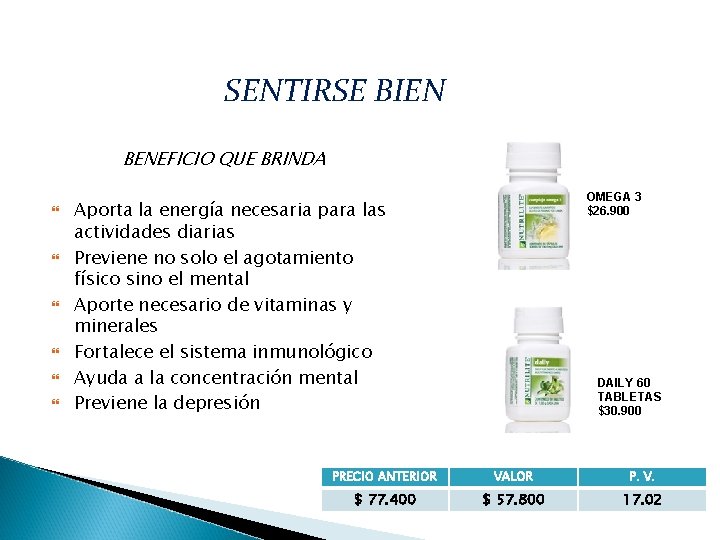 SENTIRSE BIEN BENEFICIO QUE BRINDA OMEGA 3 $26. 900 Aporta la energía necesaria para SENTIRSE BIEN BENEFICIO QUE BRINDA OMEGA 3 $26. 900 Aporta la energía necesaria para
