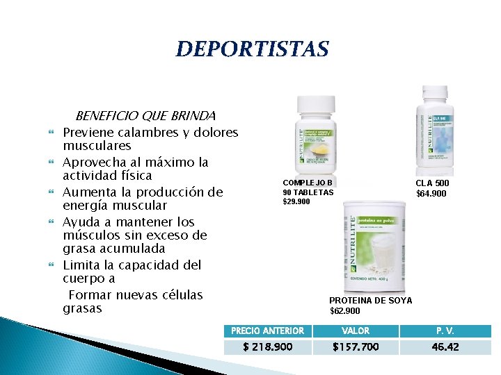 DEPORTISTAS BENEFICIO QUE BRINDA Previene calambres y dolores musculares Aprovecha al máximo la actividad DEPORTISTAS BENEFICIO QUE BRINDA Previene calambres y dolores musculares Aprovecha al máximo la actividad