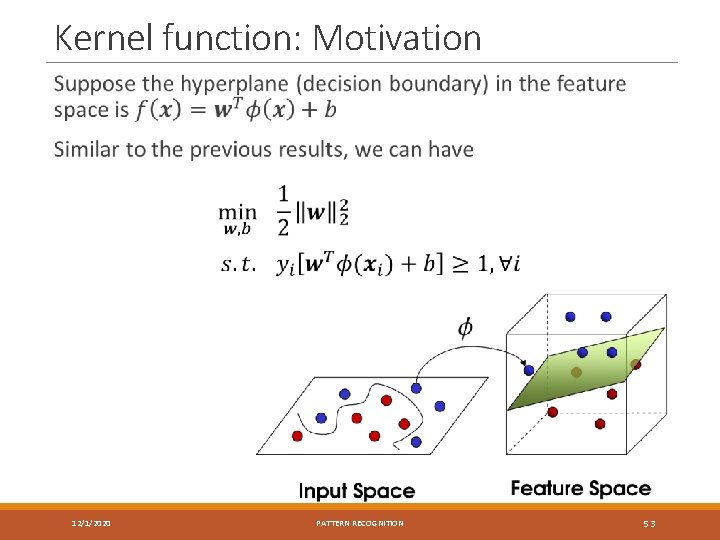 Kernel function: Motivation 12/1/2020 PATTERN RECOGNITION 53 