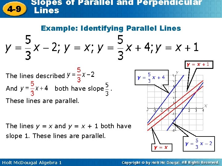 4 -9 Slopes of Parallel and Perpendicular Lines Example: Identifying Parallel Lines The lines