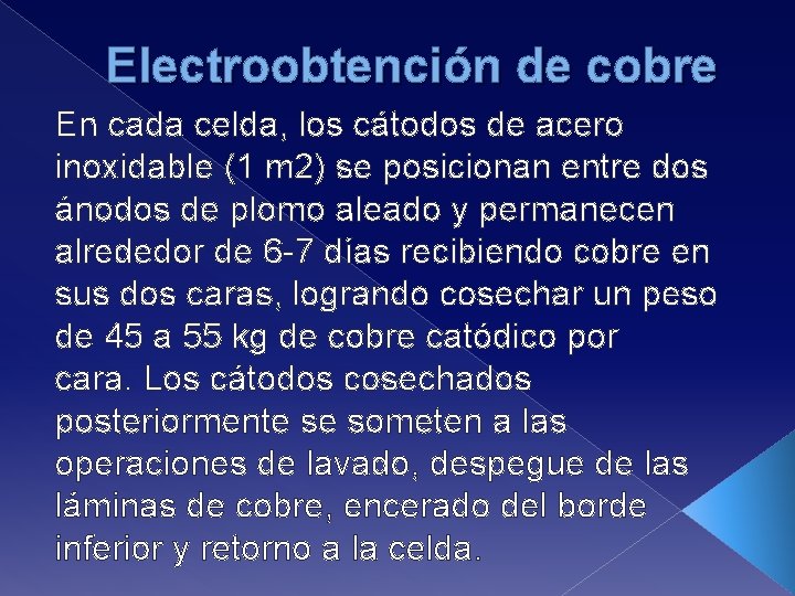 Electroobtención de cobre En cada celda, los cátodos de acero inoxidable (1 m 2)