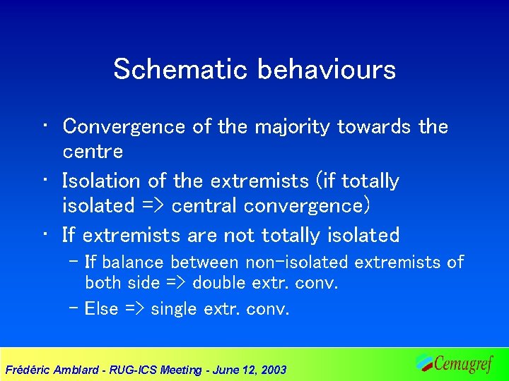 Schematic behaviours • Convergence of the majority towards the centre • Isolation of the