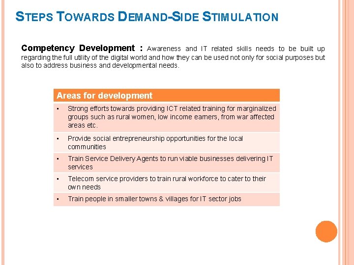 STEPS TOWARDS DEMAND-SIDE STIMULATION Competency Development : Awareness and IT related skills needs to