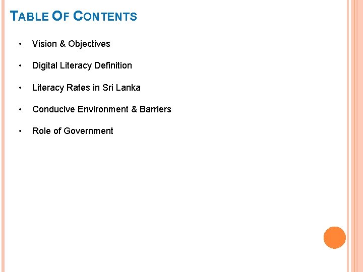 TABLE OF CONTENTS • Vision & Objectives • Digital Literacy Definition • Literacy Rates