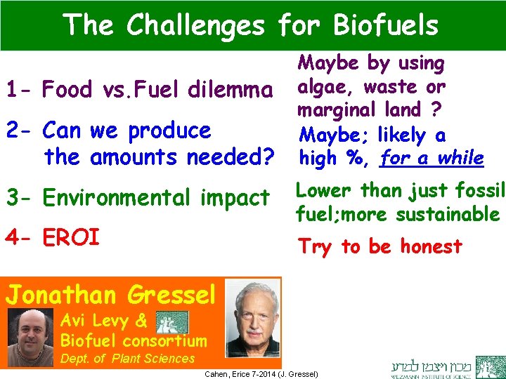 The Challenges for Biofuels 1 - Food vs. Fuel dilemma 2 - Can we
