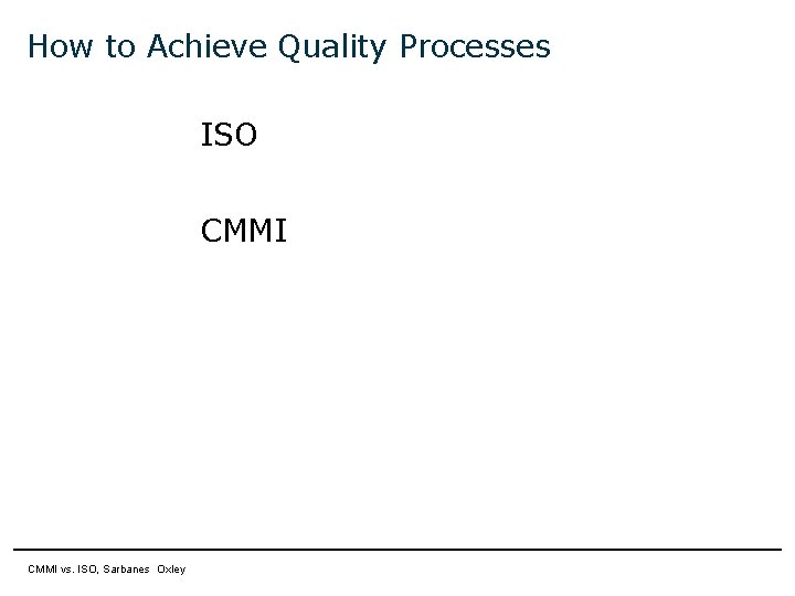 How to Achieve Quality Processes ISO CMMI 11 April 2007 CMMI vs. ISO, Sarbanes How to Achieve Quality Processes ISO CMMI 11 April 2007 CMMI vs. ISO, Sarbanes