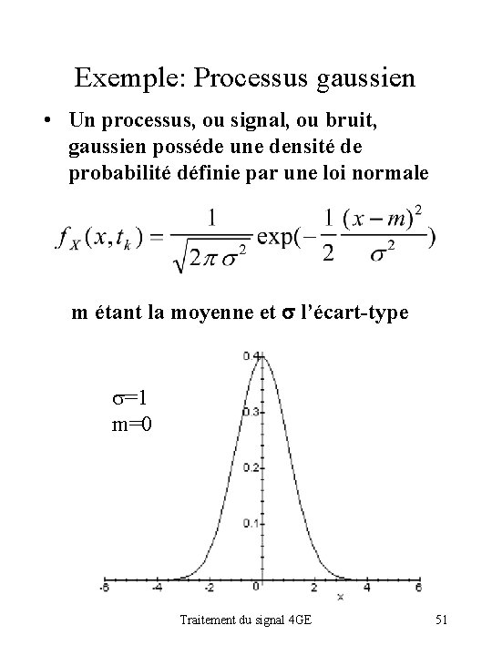 Exemple: Processus gaussien • Un processus, ou signal, ou bruit, gaussien posséde une densité