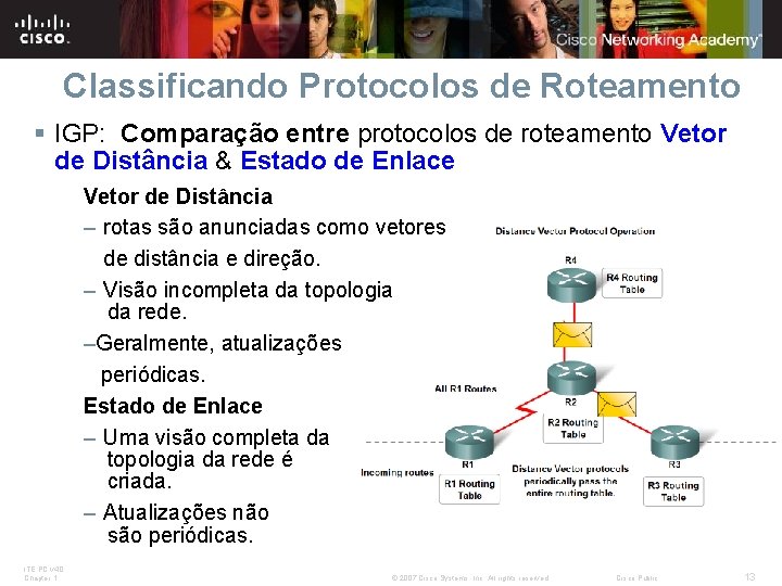 Classificando Protocolos de Roteamento § IGP: Comparação entre protocolos de roteamento Vetor de Distância