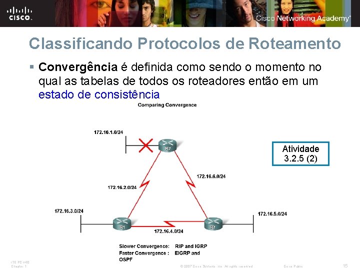 Classificando Protocolos de Roteamento § Convergência é definida como sendo o momento no qual