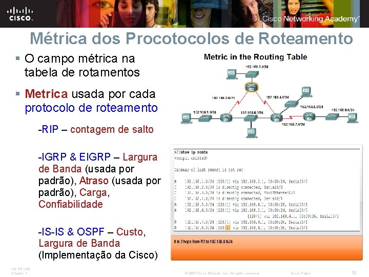 Métrica dos Procotocolos de Roteamento § O campo métrica na tabela de rotamentos §