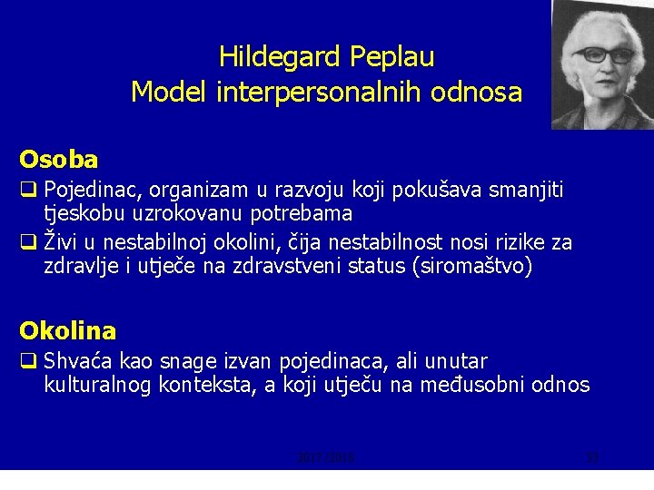 Hildegard Peplau Model interpersonalnih odnosa Osoba q Pojedinac, organizam u razvoju koji pokušava smanjiti