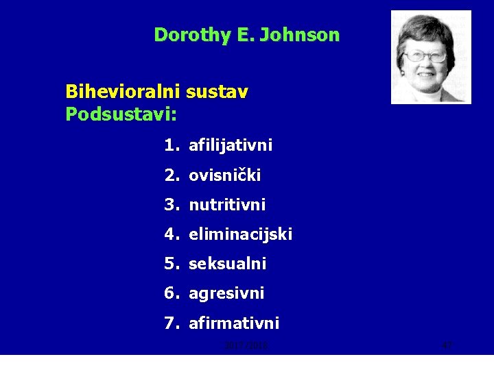 Dorothy E. Johnson Bihevioralni sustav Podsustavi: 1. afilijativni 2. ovisnički 3. nutritivni 4. eliminacijski