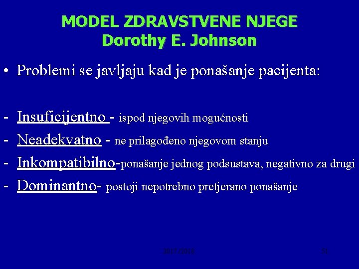 MODEL ZDRAVSTVENE NJEGE Dorothy E. Johnson • Problemi se javljaju kad je ponašanje pacijenta: