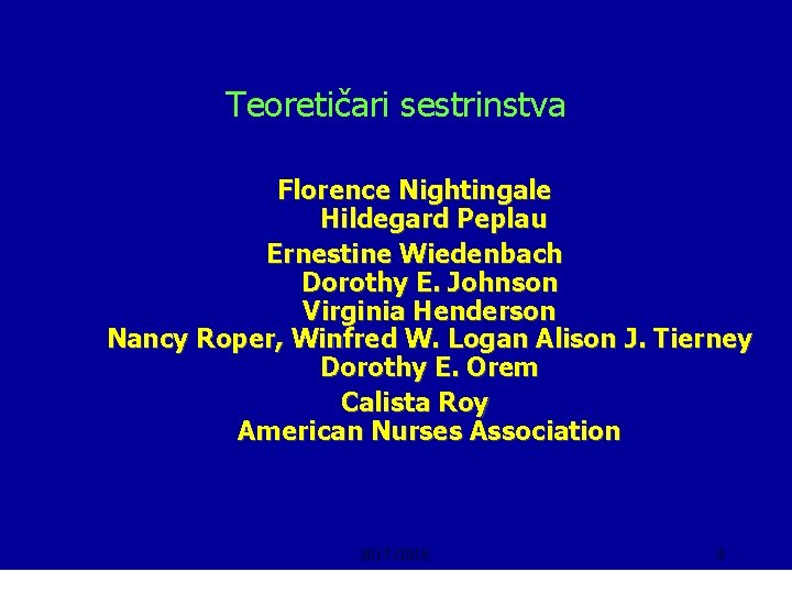 Teoretičari sestrinstva Florence Nightingale Hildegard Peplau Ernestine Wiedenbach Dorothy E. Johnson Virginia Henderson Nancy