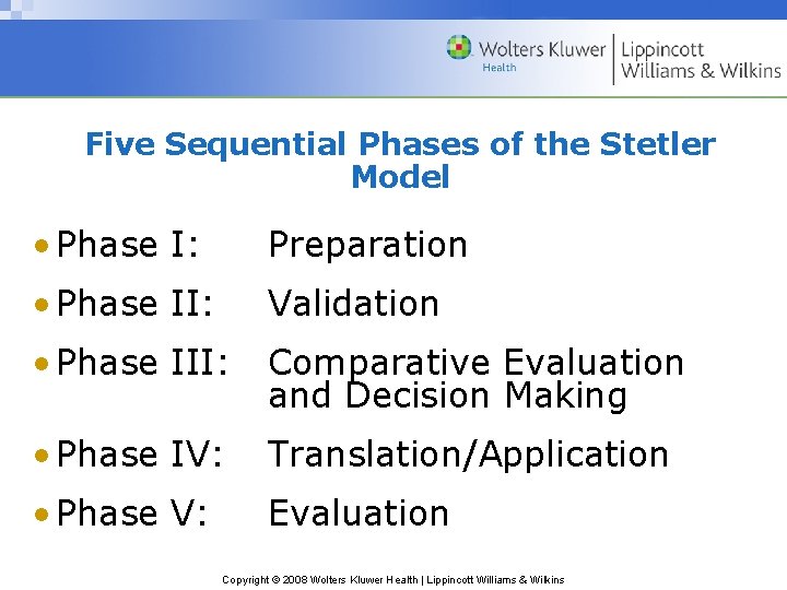 Five Sequential Phases of the Stetler Model • Phase I: Preparation • Phase II: Five Sequential Phases of the Stetler Model • Phase I: Preparation • Phase II: