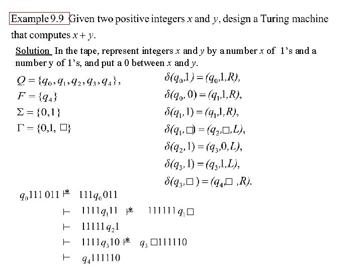 Solution In the tape, represent integers x and y by a number x of
