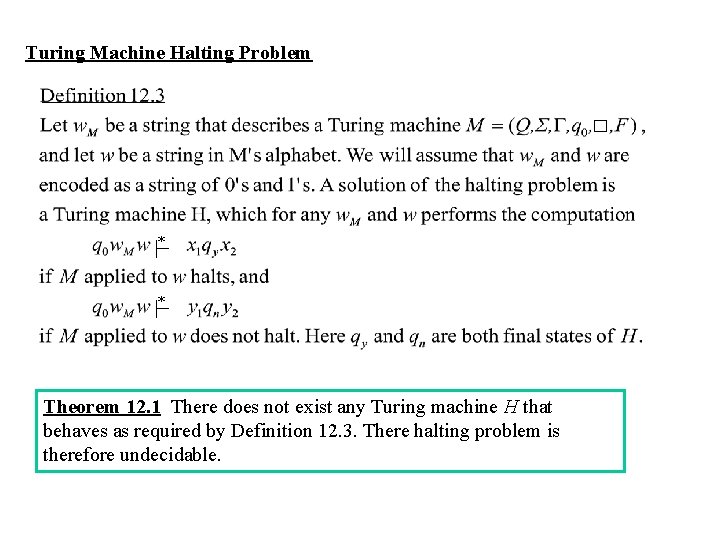 Turing Machine Halting Problem * * Theorem 12. 1 There does not exist any