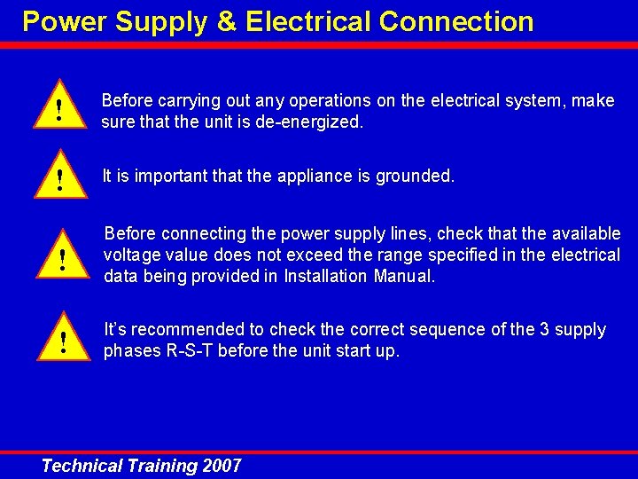 Power Supply & Electrical Connection ! Before carrying out any operations on the electrical