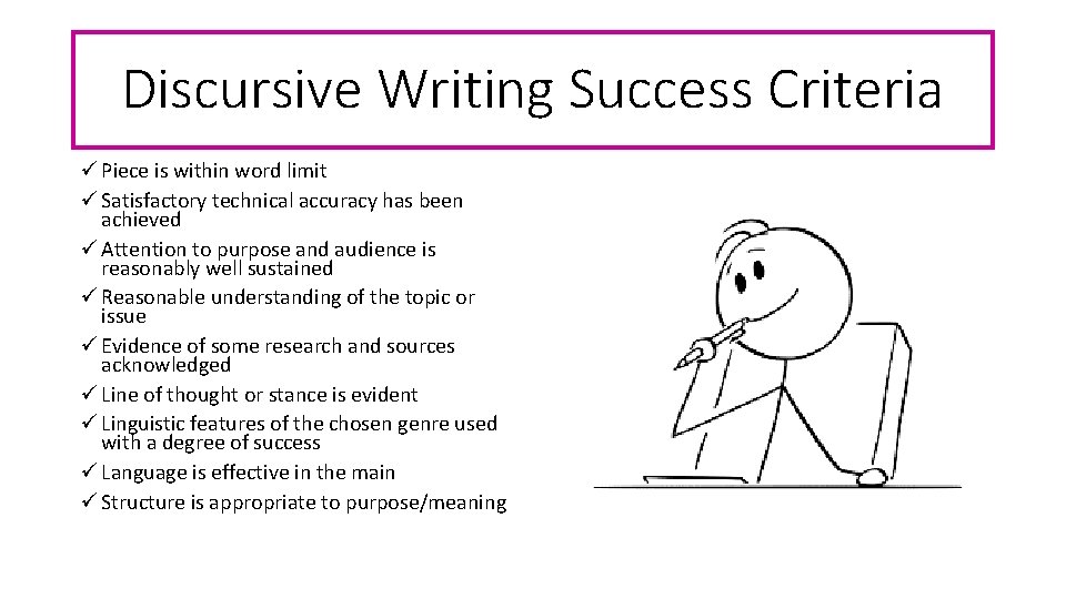 Discursive Writing Success Criteria ü Piece is within word limit ü Satisfactory technical accuracy