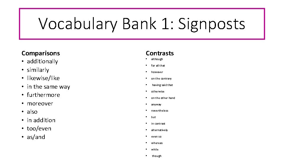 Vocabulary Bank 1: Signposts Comparisons • • • additionally similarly likewise/like in the same