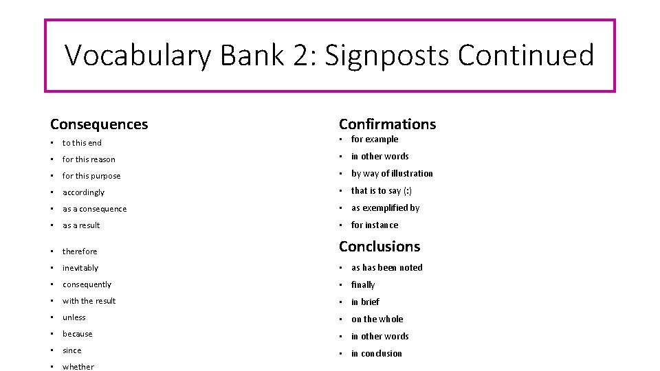 Vocabulary Bank 2: Signposts Continued Consequences Confirmations • to this end • for example