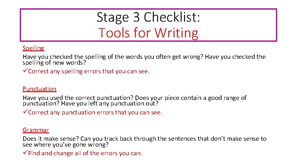 Stage 3 Checklist: Tools for Writing Spelling Have you checked the spelling of the