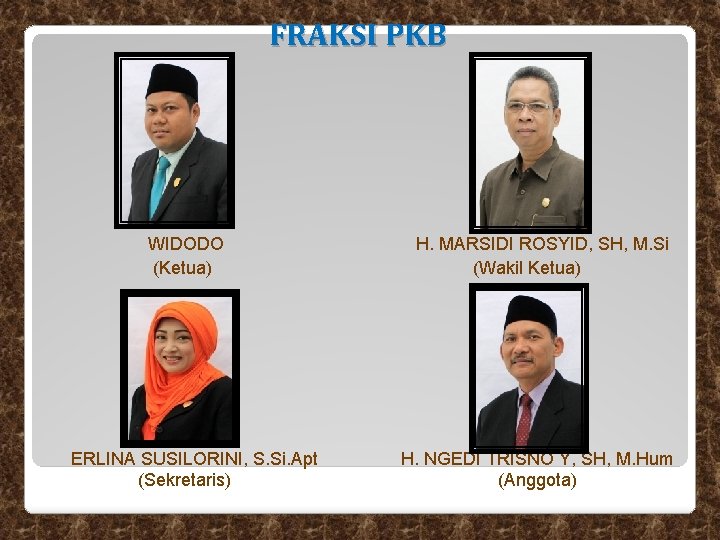 FRAKSI PKB WIDODO (Ketua) ERLINA SUSILORINI, S. Si. Apt (Sekretaris) H. MARSIDI ROSYID, SH, FRAKSI PKB WIDODO (Ketua) ERLINA SUSILORINI, S. Si. Apt (Sekretaris) H. MARSIDI ROSYID, SH,