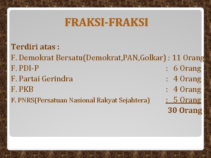 FRAKSI-FRAKSI Terdiri atas : F. Demokrat Bersatu(Demokrat, PAN, Golkar) : 11 Orang F. PDI-P FRAKSI-FRAKSI Terdiri atas : F. Demokrat Bersatu(Demokrat, PAN, Golkar) : 11 Orang F. PDI-P