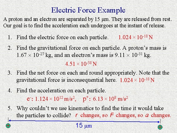 Electric Force Example A proton and an electron are separated by 15 μm. They