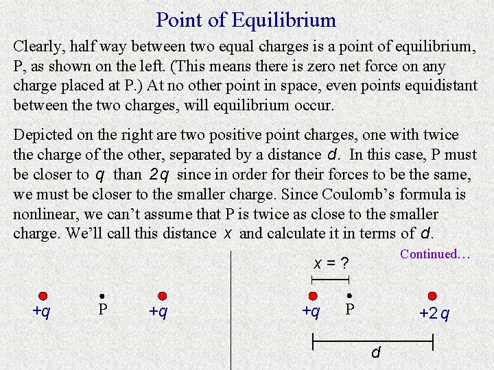 Point of Equilibrium Clearly, half way between two equal charges is a point of