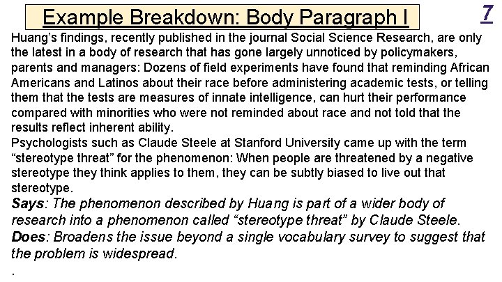 Example Breakdown: Body Paragraph I 7 Huang’s findings, recently published in the journal Social Example Breakdown: Body Paragraph I 7 Huang’s findings, recently published in the journal Social